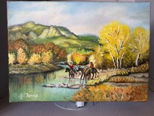 Peinture à l'huile, toile d'artiste :  signé J.Rocher sur le thème des cavaliers