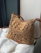 Sac Brun Marron A Bandoulière Fourre Tout Femme Tissé Tressé En Paille Zippé