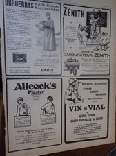 ZENITH carburateur + BURBERRYS + ALLCOCK'S + VIN DE VIAL pub ILLUSTRATION 1917