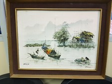 Huile au couteau peinture ASIATIQUE  maison lacustre et pecheurs sur le lac