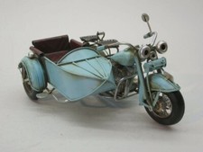 Reproduction Réplique Moto ancienne side-car vintage rétro métal - 19 cm - bleue