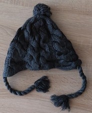 ?️ BONNET ❤️ GRIS FONCÉ LAINE TORSADÉE A POMPON ET CORDONS TAILLE UNIQUE MIXTE