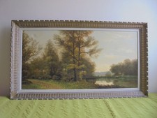 Grand tableau XXL huile sur toile étang forêt cadre montparnasse 136 x  76cm Tbe