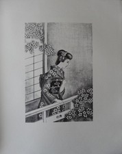Kiyoshi HASEGAWA : Japonaise à l’éventail, Lithographie originale signée