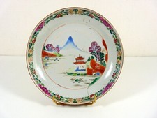 Antique Chinese Export Capuchin Porcelain Plate Pagoda Landscape Scene 18th C