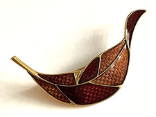Très jolie Petite Broche vintage Japon Feuille émail cloisonné Marron doré 5,5cm