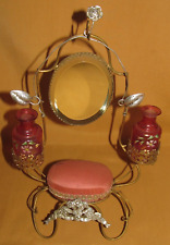Baguier de coiffeuse miroir 2 flacons rouge émaillés  coussin rose Napoléon III