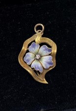 Art Nouveau Pensée Forget-Me-Not Fleur Omc Diamant Émail Pendentif 14K Or