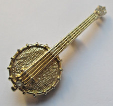 Ancienne broche instrument de musique Banjo couleur or rare bijou vintage 1600