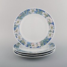 Quatre assiettes Royal Copenhagen White Rose avec bordure bleue, fleurs blanches