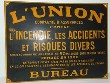 -PLAQUE EMAILLEE BOMBEE Jaune Fond Noir L'UNION ASSURANCE 1930/40 publicité pub