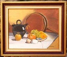 tableau signé Barrau: nature morte à la poele de cuivre