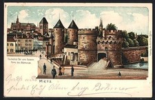 Lithographie Metz, Deutsches Tor von Aussen, des soldats marschieren, Kaffee zu 