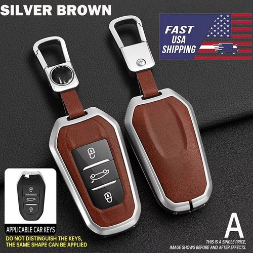 Silver brown leather key fob - silver,