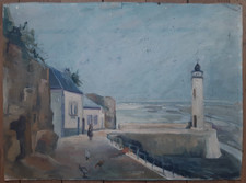 Peinture Ancienne début XXème Huile Paysage Bretagne Marine Phare Poules Animé
