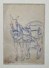 Voiture Cheval EMMANUEL BELLINI Encre DESSIN ORIGINAL XX°