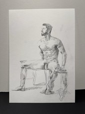 Dessin Original Signé Nu Masculin Érotique