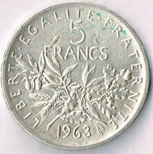5 francs semeuse argent 1963 Tranche en relief "LIBERTE·EGALITE·FRATERNITE". N°2