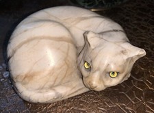 Ancienne statuette animalière chat marbre de carrare yeux en sulfure 1900's