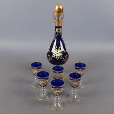 Lot De Liqueur Verre T.Murano I Trois Fireside Blu Or 24 KT Fleurs Vintage 1970