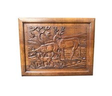 Large Art Deco Carved Walnut Panel - Woodland Scene Of Deer Family