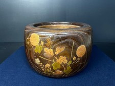 Hibachi Brazier Raden Maki-e Art Flowers Leaves Gold Japan Antique W12inch
