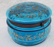 English Art Glass Blue Gilt Enameled Glass Powder Jewel Box Stevens & Williams 