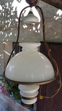 Ancien Lustre de Salon Vintage Abat-jour Opaline Blanc Lampe Suspendu Plafonnier