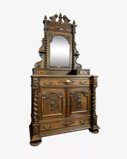 Buffet a miroir psyché de pavillon de chasse style Renaissance en noyer massif