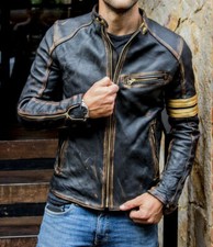 Veste En Cuir De Motard Vintage Distressée Café Racer Noire Pour Homme