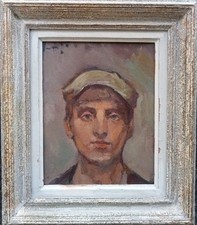 Tableau Encadré Peinture Portrait Jeune Homme Béret Huile Toile Signé