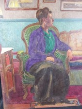 Peinture Intérieur Femme Profil Mobilier Salon XXe Huile sur Carton