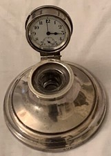 Antique round silver English capstan desk inkwell with clock watch in the inside