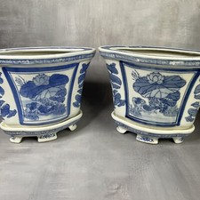 ASIE Paire cache pot jardinière vintage porcelaine de chine blanc bleu + socle