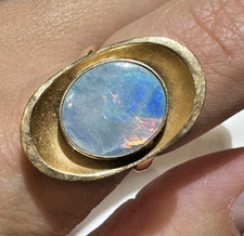 Vintage 14K or Jaune Artistique Ovale Doublet Opale Taille 7.5 Cocktail Bague