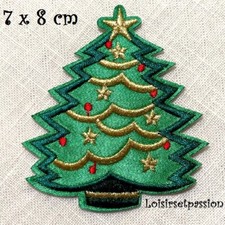 ÉCUSSON PATCH THERMOCOLLANT, SAPIN DE NOËL, guirlande dorée étoile, 7 x 8 cm 