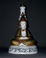 SUPERB STATUETTE BOUDDHA POLYCHROME PIED DE LAMPE ANCIEN EN PORCELAINE DEBUT XXe