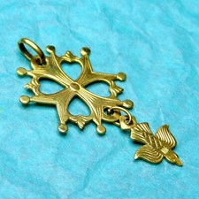 Huguenot Cross, Holy Spirit. Antique Religious Gold Plating Pendant. Large Medal