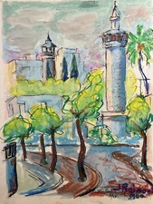 Aquarelle paysage orientaliste signé Maroc Marrakech Mosquée Minaret Islam