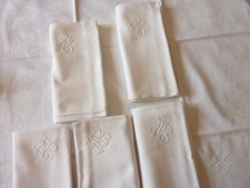 Pristine Antique French Damask Linen Napkins Set of  Embroidered Monogram HB