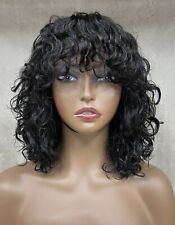 Perruque Naturelle À Frange 100% Cheveux Humain Noir Bouclé 12 POUCES Wig Bonnet