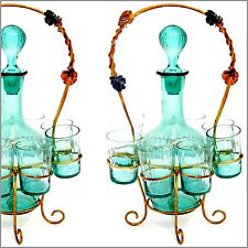 Antique French Green-Blue Glass Liquor Cabaret Set 9 pc w/Ormolu Stand