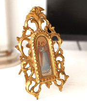 cadre bois doré chromolithographie ange religieux antique gilt wood frame icon