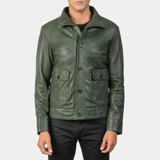 Blouson motard homme rétro vert boutonné cuir véritable vintage café racer...