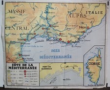 Côte de la Méditerranée	Circa 1950 Affiche Originale Carte Éducation France