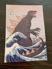 EX LIBRIS 19x13 KAIJU GODZILLA JAPON MONSTRE DINOSAURE vague hokusai