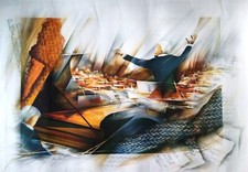 Grande lithographie signée Poulet Raymond "L'Orchestre"