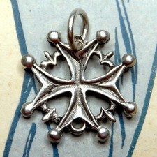 Huguenot Cross, Lily Flowers. Antique Religious Sterling Pendant. Silver Medal.