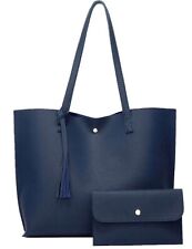 2X Sac Bleu Marine Cabas Simili Cuir Fourre Tout + Pochette - Ensemble 2 Pièces