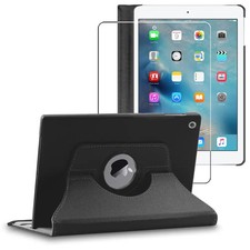 Coque Apple iPad 2018 9.7 Housse Etui Rotatif 360 PU Cuir + VERRE Trempé, Noir